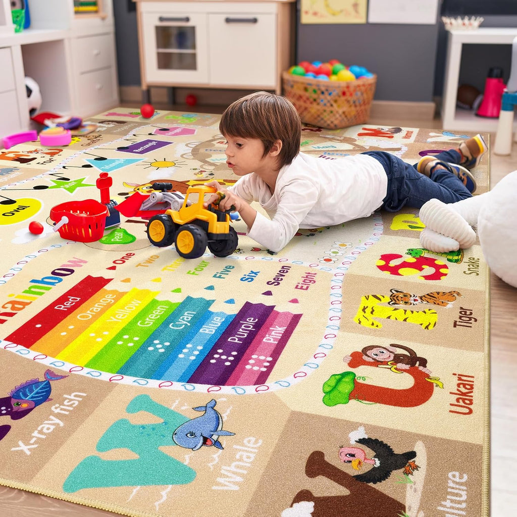 Kids Rugs for Playroom Washable, Educational and Fun Learning Rugs with ABC Alphabet Animals Shapes, Baby Toddler Children's Play Mat for Bedroom Classroom Nursery, 5x7 Feet, Beige and Pink