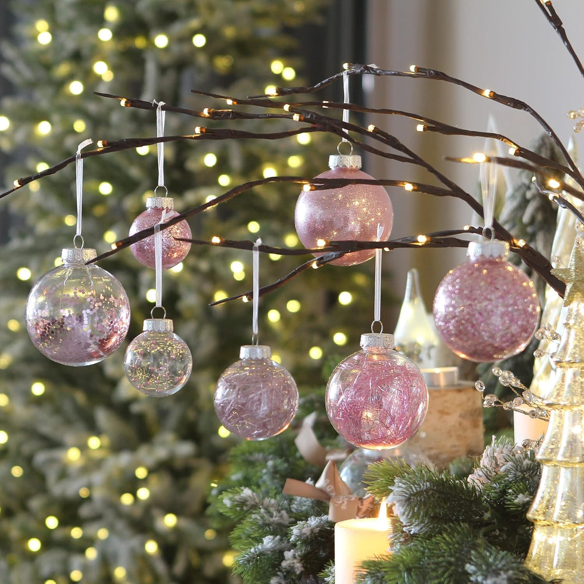 Sea Team Shatterproof Clear Plastic Christmas Ball Ornaments Decorative Xmas Balls Baubles Set with Stuffed Delicate Decorations (80mm/3.15 inch 20-Pack, Pink)
