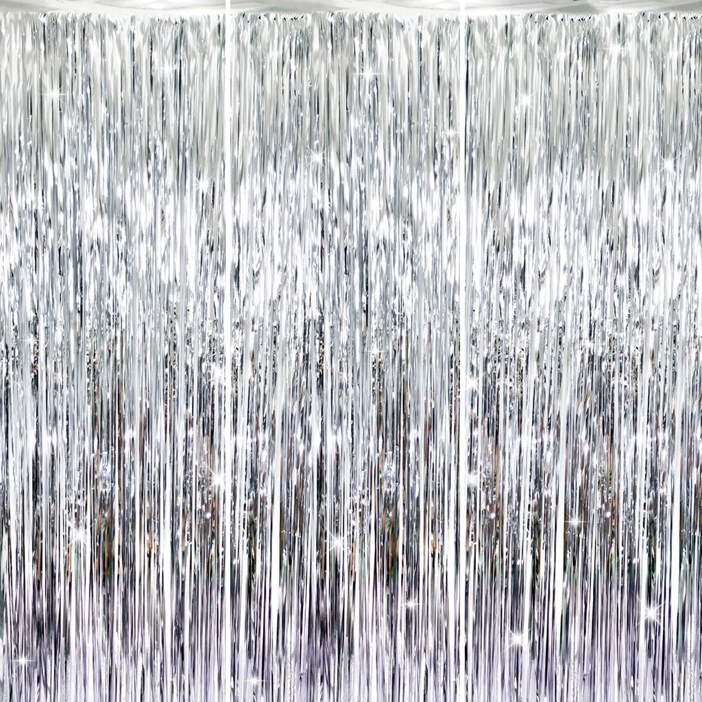 GOER 3.2 ft x 8.2 ft Metallic Tinsel Foil Fringe Curtains Party Photo Backdrop Party Streamers for Birthday,Graduation,New Year Eve Decorations Wedding Decor (Silver,3 pcs)
