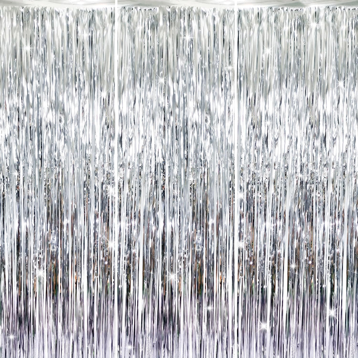 GOER 3.2 ft x 8.2 ft Metallic Tinsel Foil Fringe Curtains Party Photo Backdrop Party Streamers for Birthday,Graduation,New Year Eve Decorations Wedding Decor (Silver,3 pcs)