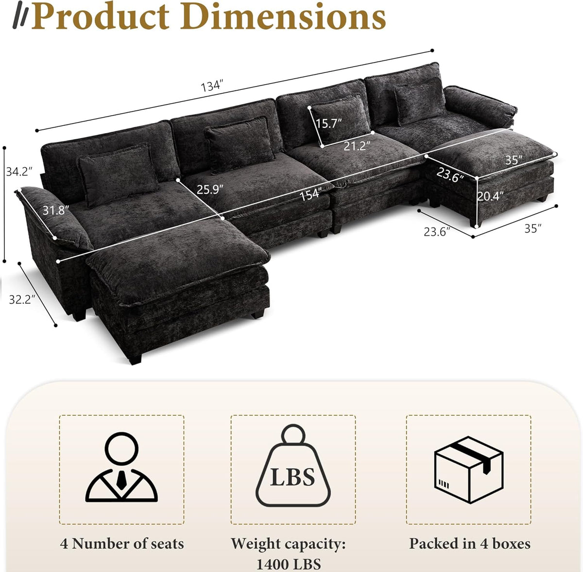 URRED Modular Sectional Sofa Comfy Cloud Couch, Modern Chenille Sofa Sleeper Deep Seat Couches with Ottoman/Pillows for Living Room (Black, 154'' - U Shape)