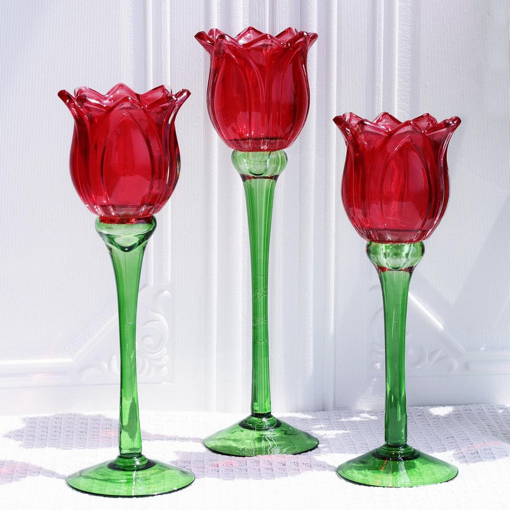 VOHO Red Tulips Candle Holders Gifts for Anniversary, Red Tealight Candle Holder for Christmas Holiday Valentines Decorations, Tulip Tea Light Candle Holders Glass Decor for Romance Tabletop(Set of3)