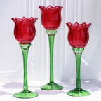 VOHO Red Tulips Candle Holders Gifts for Anniversary, Red Tealight Candle Holder for Christmas Holiday Valentines Decorations, Tulip Tea Light Candle Holders Glass Decor for Romance Tabletop(Set of3)
