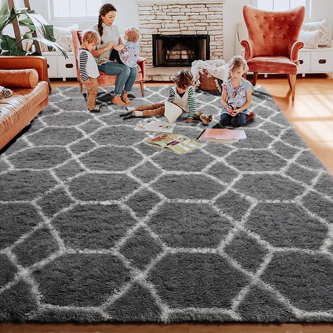 Area Rugs for Living Room, 7x10 Fluffy Grey and White Geometric Bedroom Rug | - Image 8