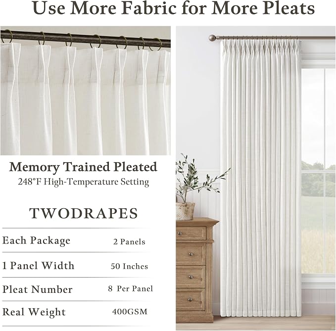 102 Inch Linen Pleat Neutral Semi Sheer Privacy Beige White Curtains 50x102 | - Image 4