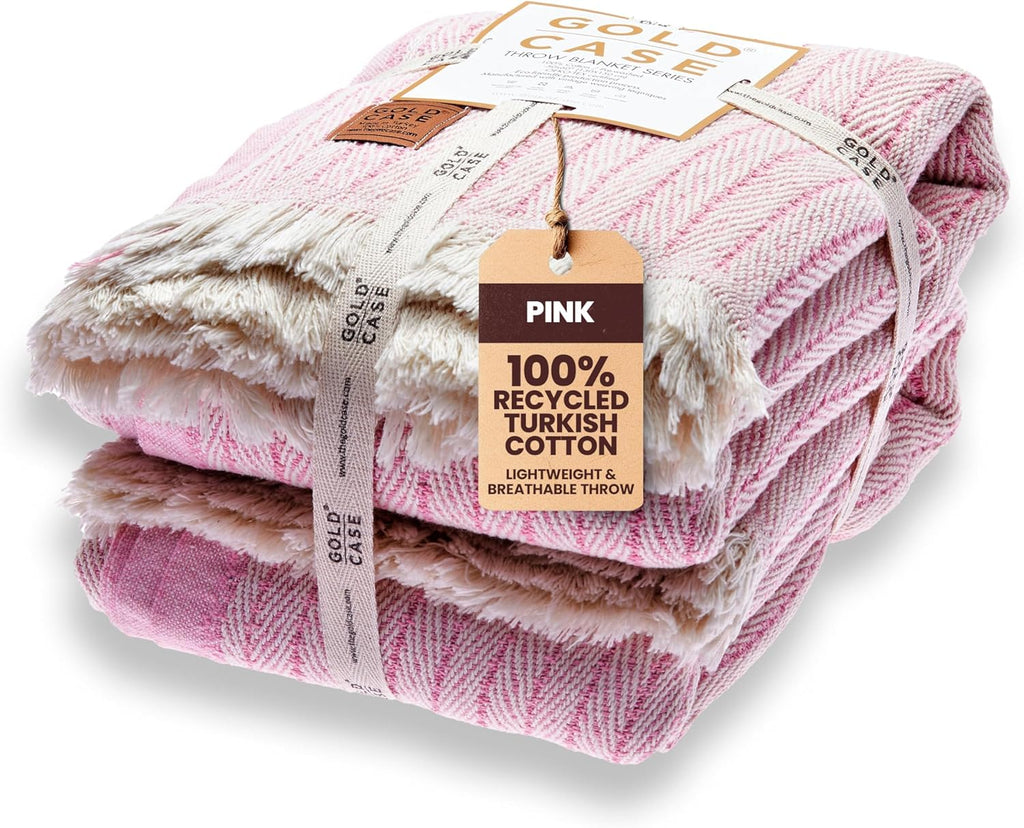 Gold Case Throw Blanket for Couch – 100% Recycled Turkish Cotton Blankets & Throws – Elegant Decorative Throw Blankets for Living Room Sofa – Woven Throws for Couch – Vintage Pink – 50x60 (Set of 2)
