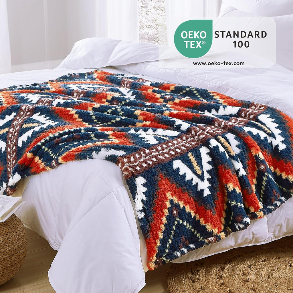 CASAAGUSTO Boho Sherpa Blanket, Aztec Twin Blanket, Ultra Soft, Warm, Cozy, Plush, Thick Fleece Western Blanket for Couch, Bed, Sofa (Navy Blue 60 * 80 Inch)