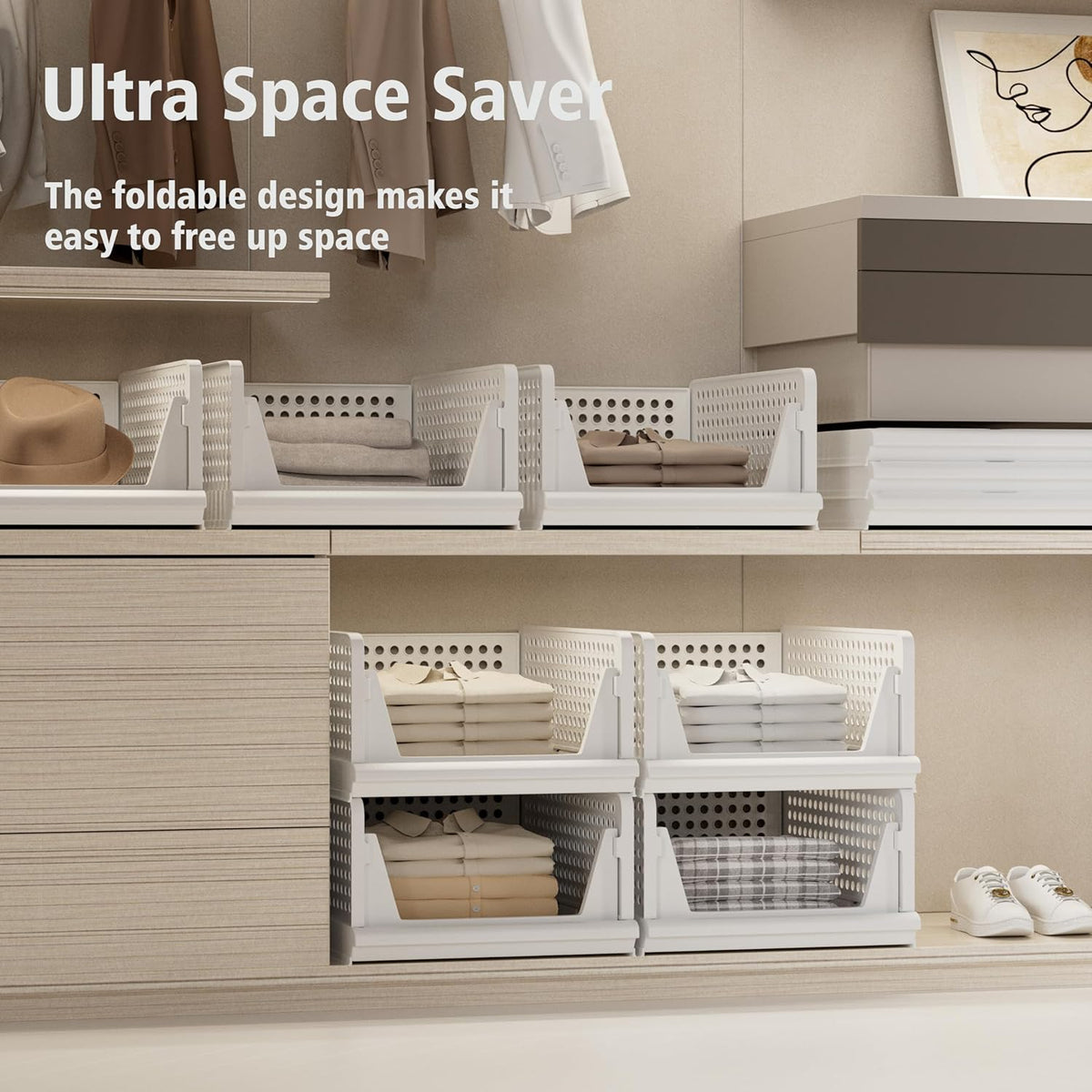 Stackable Plastic Storage Basket Closet Organizer Bin Foldable Clothes Organizer Storage Drawer Shelf Container for Living Room Bathroom Kitchen Office Laundry Room
