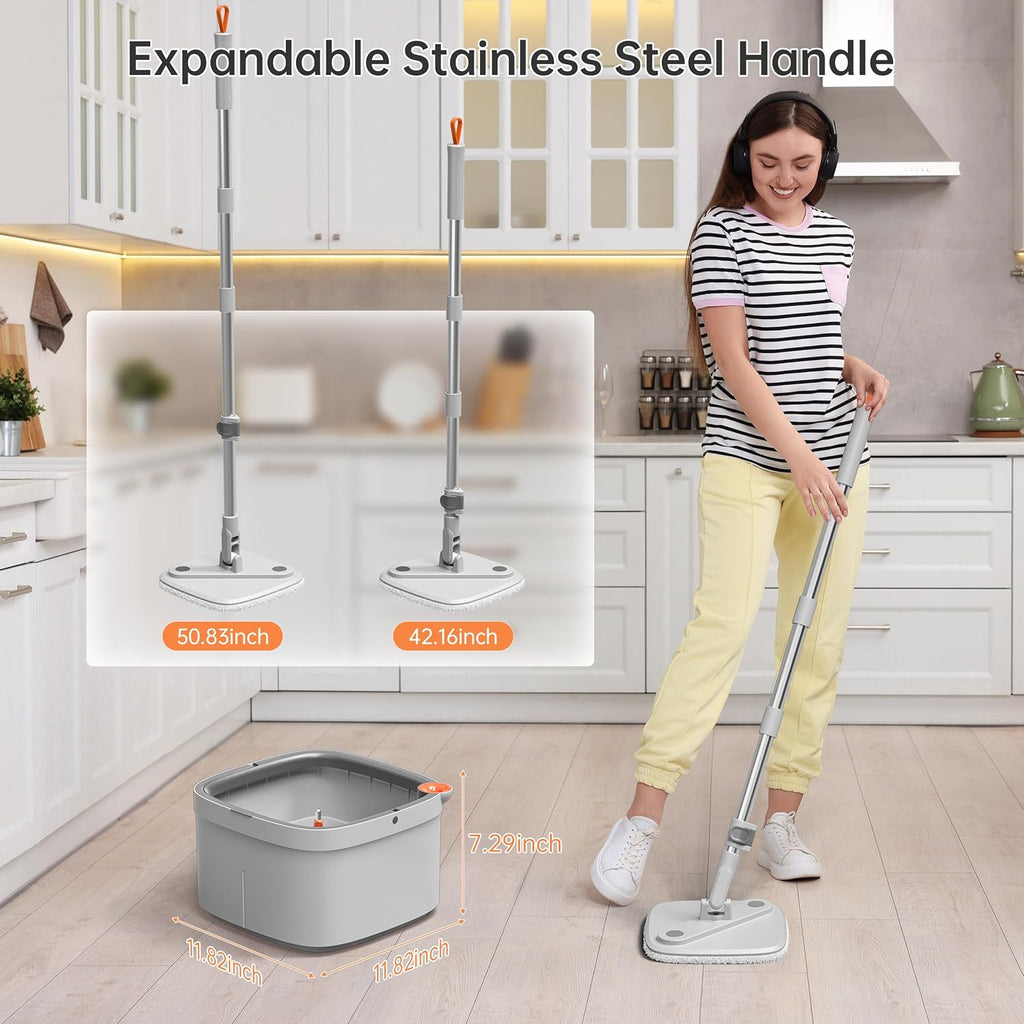 KZKR Spin Mop and Bucket Set with Self Separation Dirty and Clean Water System, Self Wringing 360° Rotating Square Mop Head for Home Floors Cleaning (1.0 Mop and Bucket Set (4 Pads))