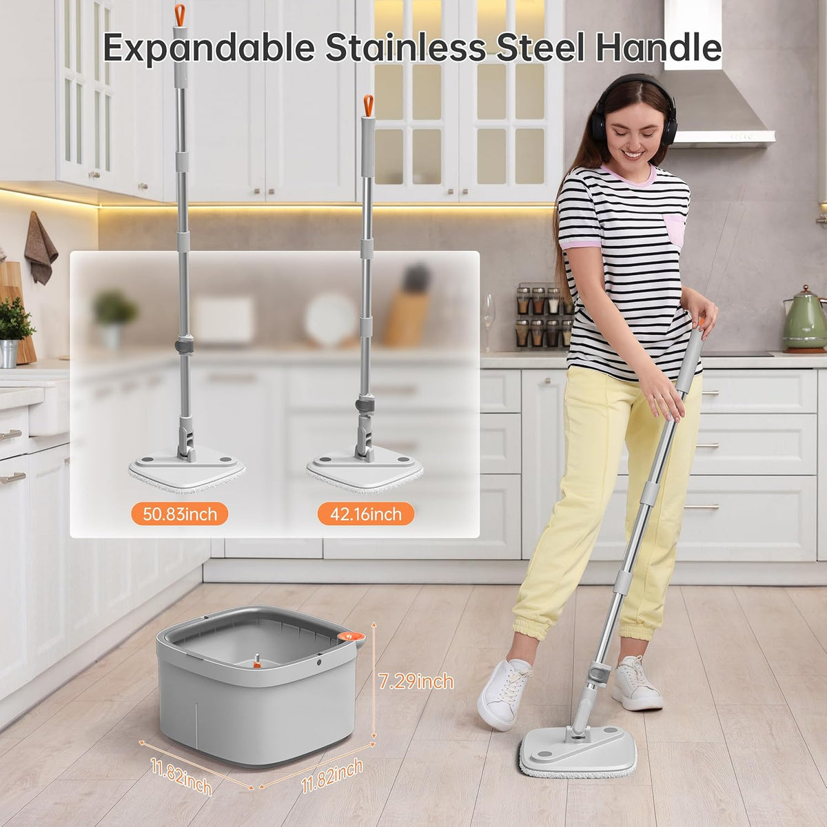 KZKR Spin Mop and Bucket Set with Self Separation Dirty and Clean Water System, Self Wringing 360° Rotating Square Mop Head for Home Floors Cleaning (1.0 Mop and Bucket Set (4 Pads))