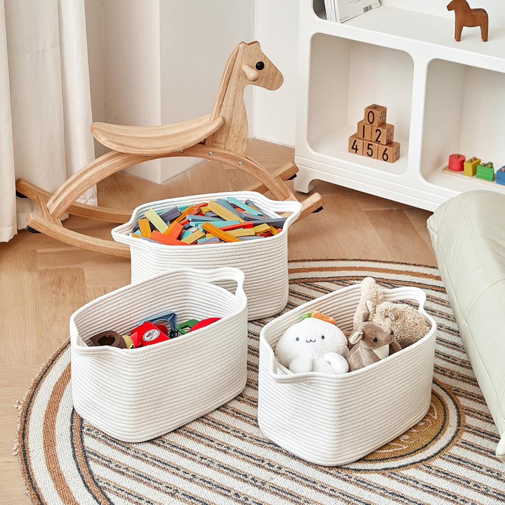 3 Packs Cotton Rope Woven Basket With Handles for Shelves -15"*10.2"*9.1"(White)