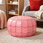 Stuffed Arch Design Moroccan Leather Pouf Ottoman, Handmade, Pre-Filled, 100% Genuine Leather, 14” Height x 22” Diameter – Boho Chic Footstool & Living Room Décor (Pink)