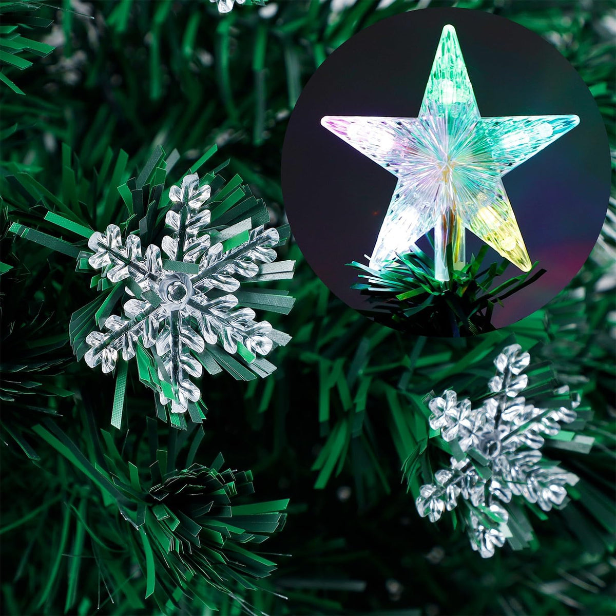 Juegoal 3 ft Pre-Lit Green Artificial Christmas Tree, Lighted Optical Fiber Table Mini Xmas Trees with Color Changing Lights, Snowflakes & Top Star, Fake Multicolored Tree for Festive Party Holiday