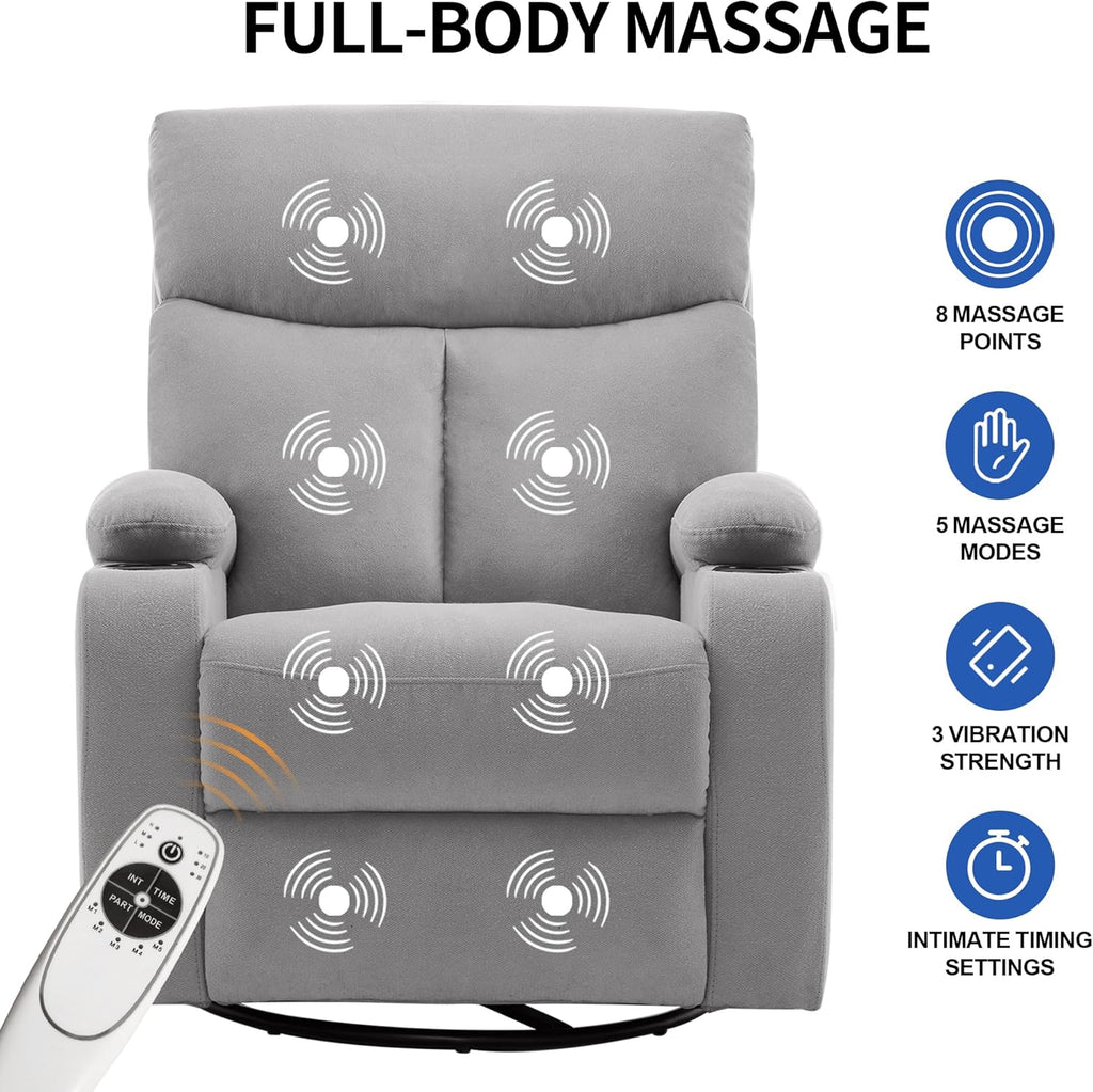 Swivel Power Recliner Chair for Adults with Full Body Massage, Electric Rocker Recliner Chairs for Living Room with USB and Type-C Ports, Fabric Rocking Reclining Sofa Chair (LightGrey)