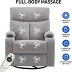 Swivel Power Recliner Chair for Adults with Full Body Massage, Electric Rocker Recliner Chairs for Living Room with USB and Type-C Ports, Fabric Rocking Reclining Sofa Chair (LightGrey)