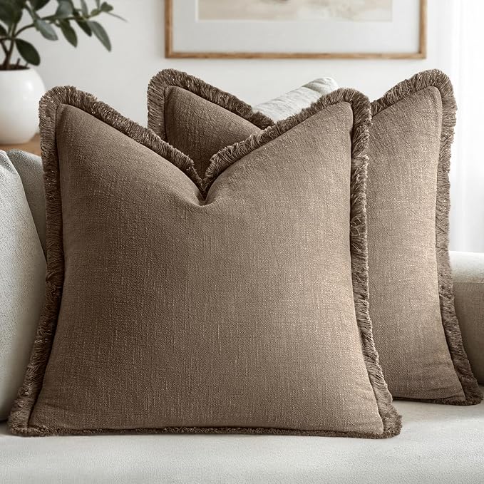 MIULEE Linen Fringe Decorative Fall Throw Pillow Covers Cocoa Brown 18x18 | Set by MIULEE