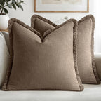 MIULEE Linen Fringe Decorative Fall Euro Pillow Covers Cocoa Brown 22x22 | Set by MIULEE