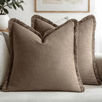 MIULEE Linen Fringe Decorative Fall Euro Pillow Covers Cocoa Brown 24x24 | Set by MIULEE