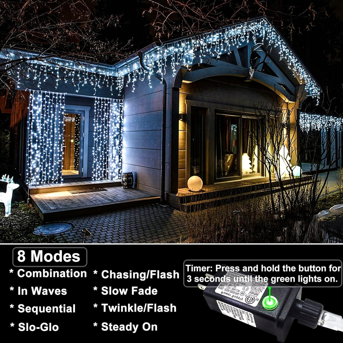 Icicle lights Outdoor - 33ft Christmas Lights with 400LED 75 Drops 8 Modes, Plug in Curtain String Lights Waterproof for Holiday Wedding Party Home Garden Bedroom Indoor Outdoor Decoration, Cool White