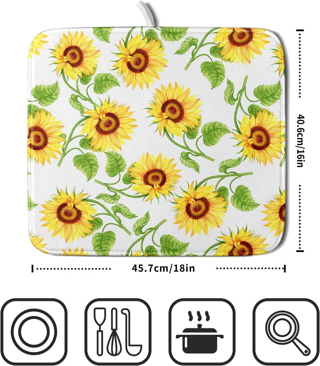 Sunflower Dish Drying Mat for Kitchen Counter Spring Summer FLoral Seasonal Absorbent Reversible Microfiber Kitchen Countertop Protector Dishes Pad Small 16x18 inch