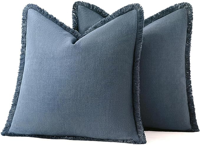 MIULEE Boho Linen Fringe Decorative Throw Pillow Covers Blue Ashes 18x18 | Set - Image 7