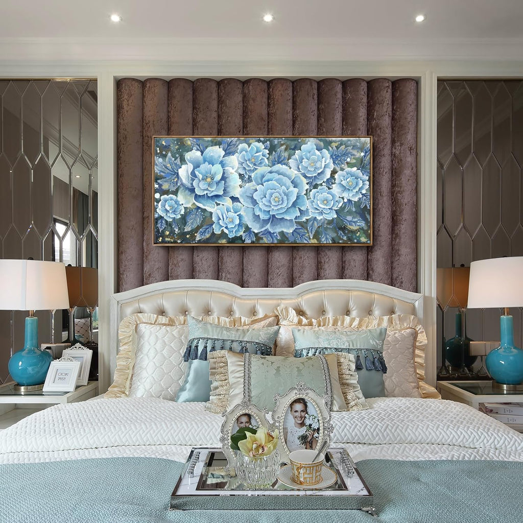 Large Blue Wall Art Decor Modern Framed Wall Picture for Living Room Bedroom Office Decor Floral Canvas Art Prints Botanical Wall Picture Abstract Peony Flower Horizontal Artwork Ready to Hang 48x24