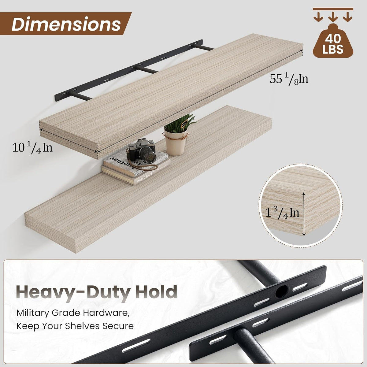 Heimlove 55 Inch Floating Shelves for Wall,10 Deep Large Grey Floating Shelf with Heavy Duty Brackets,Wall Shelf Mounted Storage & Display Shelves for Bedroom,Living Room,Kitchen,Office