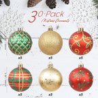 Sea Team 60mm/2.36" Delicate Contrast Color Theme Painting & Glittering Christmas Tree Pendants Decorative Hanging Christmas Baubles Balls Ornaments Set - 30 Pieces (Gold, Red & Green)