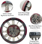 DORBOKER 27" Original Moving Gears Wall Clock, Large Industrial Wall Clock for Living Room Decor, Retro Metal Solid Wood Vintage Farmhouse Steampunk Rustic Clocks for Wall Decor,Cherry Red
