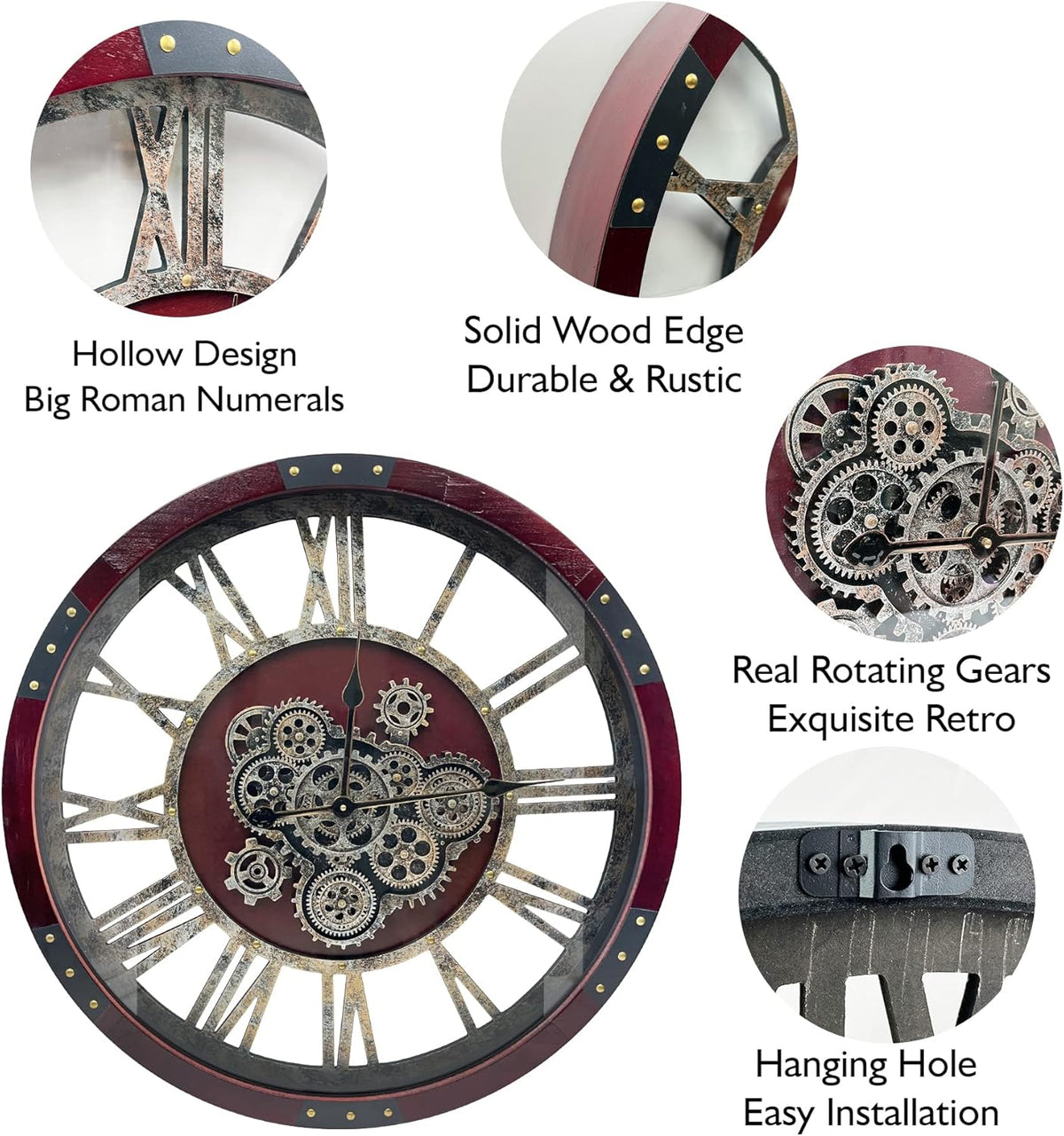 DORBOKER 27" Original Moving Gears Wall Clock, Large Industrial Wall Clock for Living Room Decor, Retro Metal Solid Wood Vintage Farmhouse Steampunk Rustic Clocks for Wall Decor,Cherry Red