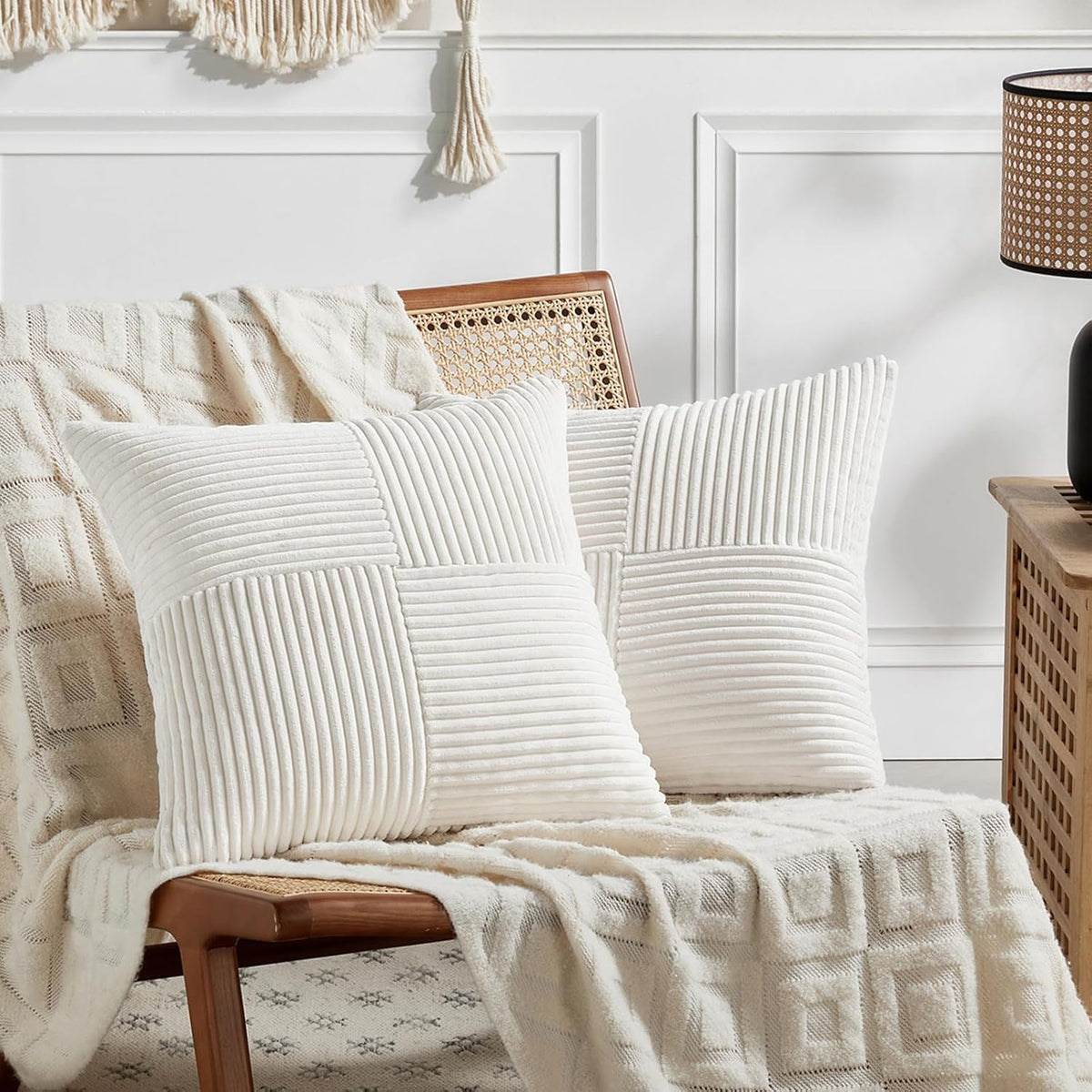 Fancy Homi 2 Packs Cream White Euro Decorative Throw Pillow Covers 26x26 Inch for Couch Bed Sofa, Farmhouse Boho Home Decor, Soft Corss Corduroy Patchwork Textured Square Cushion Case 66x66 cm
