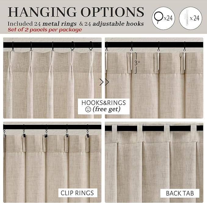 Natural Linen 60 Inch Wide Light Filtering Pleated Curtains 90 Inches Long - Image 6