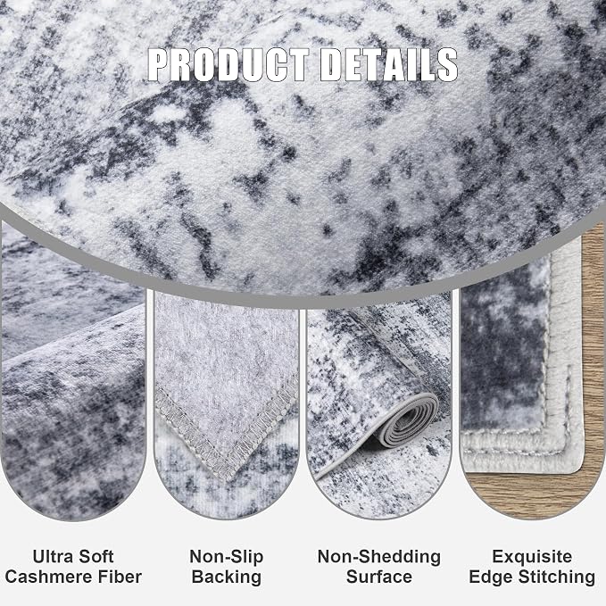 2.6x14 Washable Runner Rug:Modern Abstract Indoor Soft Carpet Grey | - Image 6