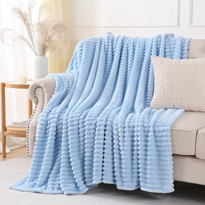 Light Blue Throw Blanket for Couch Sofa 90x90 inches Striped Design | Fleece - Image 4