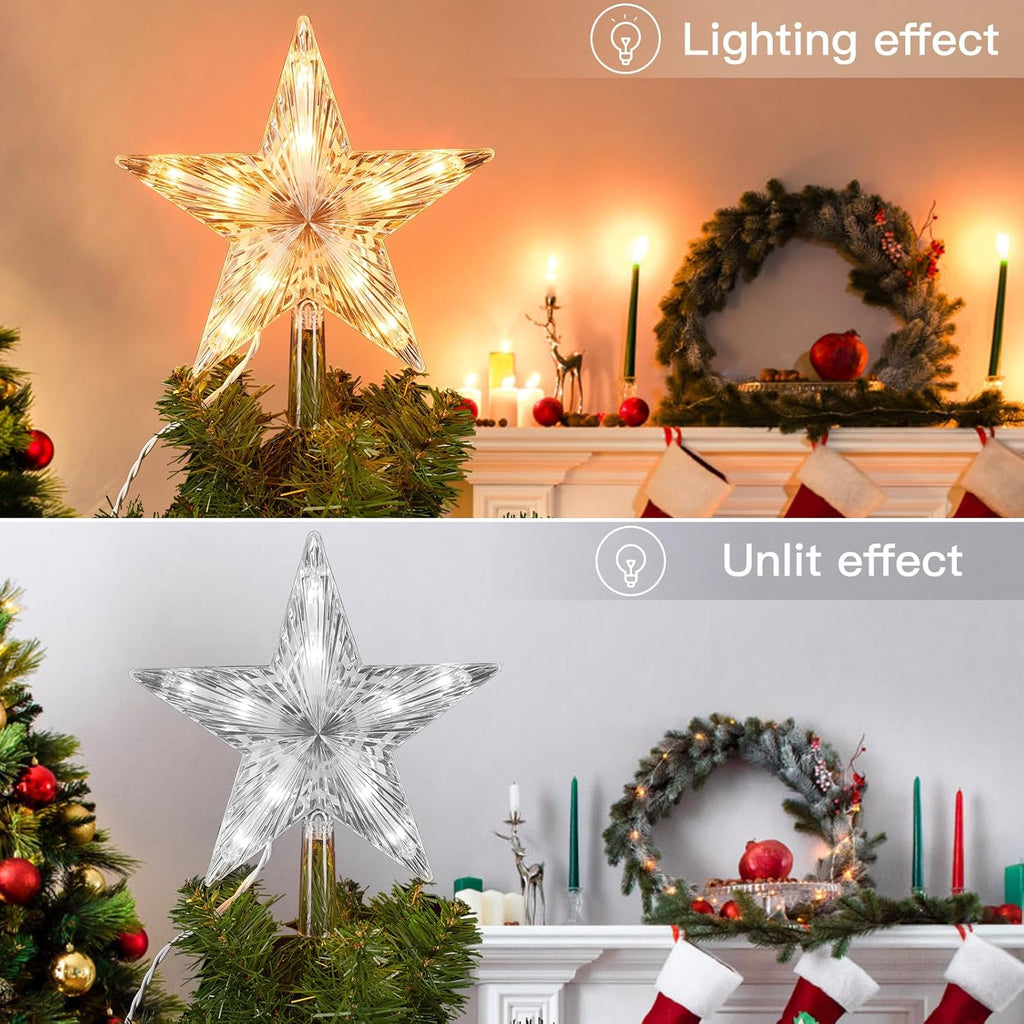 Christmas Tree Topper Lighted Star with Built-in 10 Replaceable Bulbs, 9.5” Clear Five-Pointed Star Tree Topper Plug in for Indoor Office Xmas New Year Holiday Tree Decoration, Warm White
