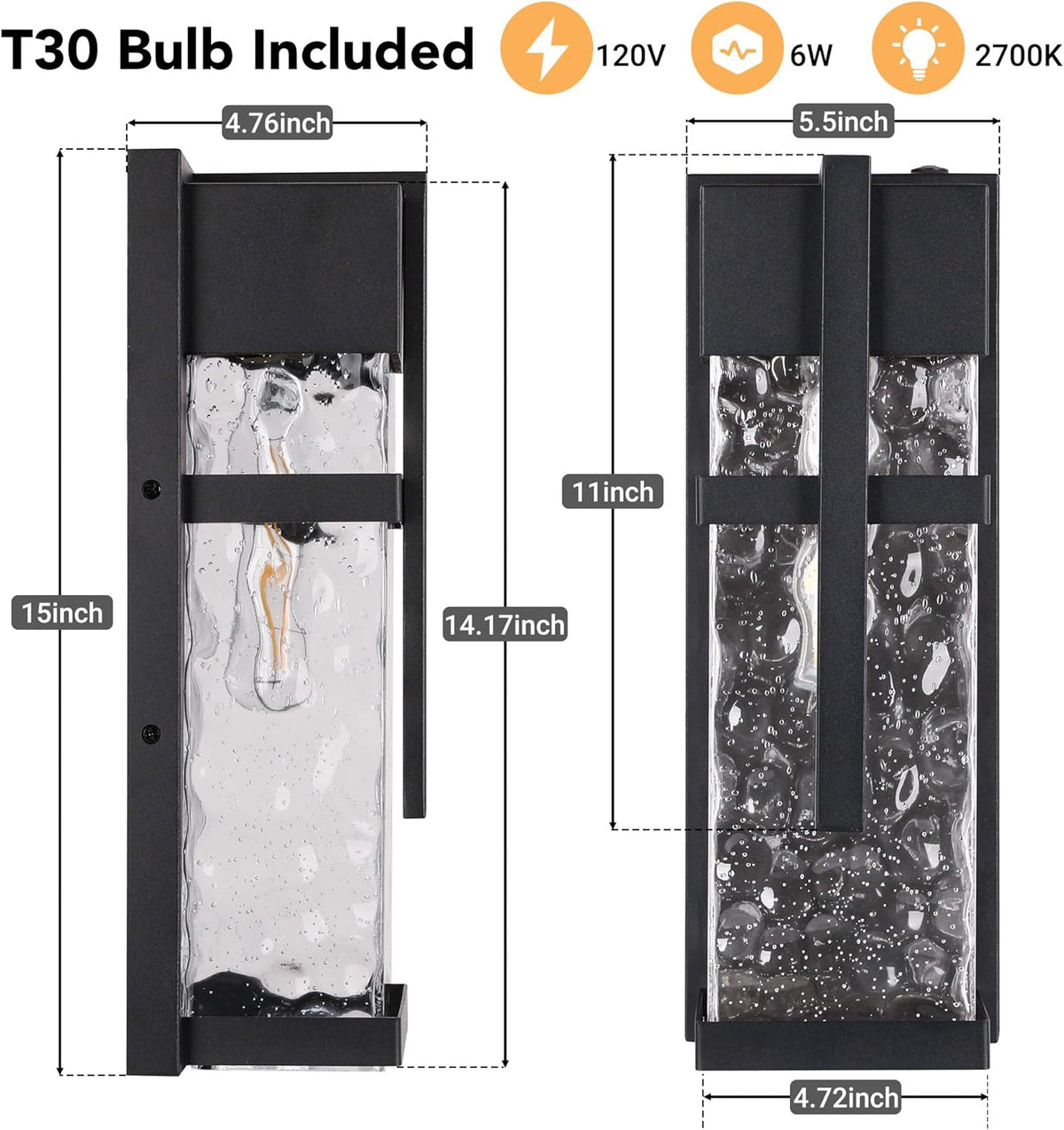 Hammered Glass Outdoor Wall Lantern, Dusk to Dawn Wall Sconce Lighting, 2 Pack Outdoor Light Fixtures, Exterior Porch Light with Waterproof, Modern Wall Lamp for Garage, Doorway, Patio(Bulb Included)