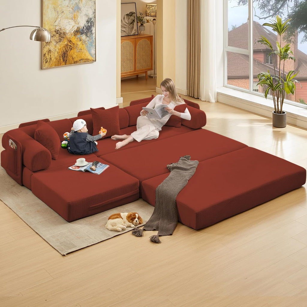 107" Oversized Convertible Sleeper Sofa Bed, Corduroy L Shape Sectional Couch, Folding Sofa Bed with Side Pocket, Modern Cloud Floor Mattress Couch, Modular Sofa for Living Room, Red