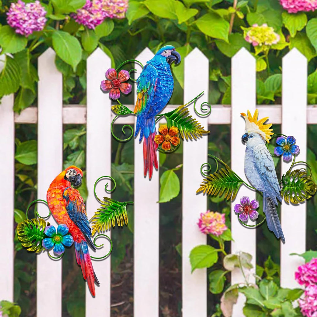 J-Fly Metal Parrots Wall Decor Outdoor Decorations for Yard Garden Decor, Metal Wall Art Decor, Patio Decorations Outdoor Bird Wall Decor-12 Inches Parrot Large Hanging Wall Decor 3 Pack