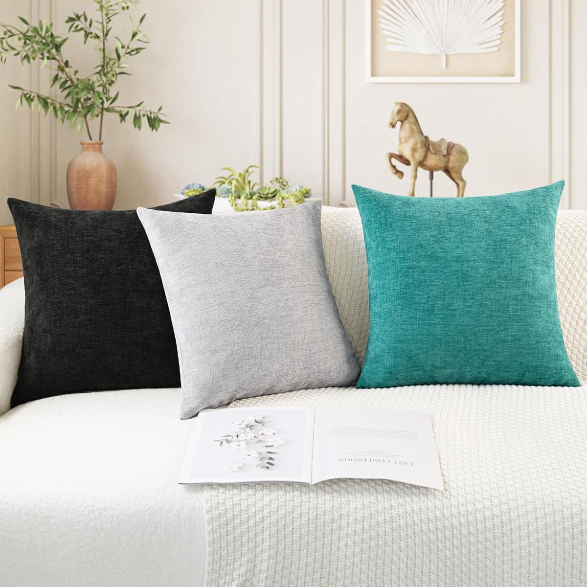 CaliTime Throw Pillow Covers Decorative 22 X 22 Inches Pack of 2 Cozy Chenille Cushion Cases for Couch Sofa Bed Living Room Home Black