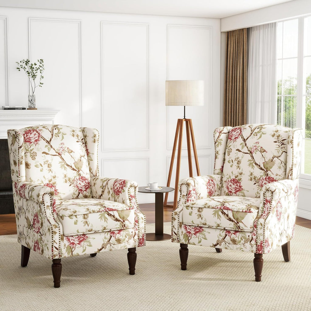 UIXE High Back Accent Chairs Set of 2, Fabric Upholstered Armchair for Living Room, Retro Printed Wingback Arm Chair Rivet Trimed Single Sofa Bedroom Reading Seat - Beige Floral