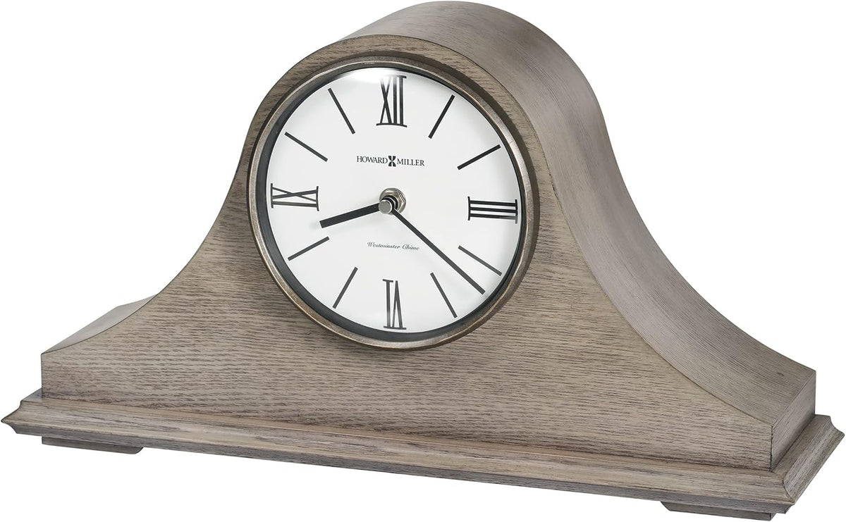 Howard Miller Lakeside Mantel Clock, Triangular Burl Overlays Gray Finish Sturdy Wooden Material, Vintage Analog Dial Roman Numerals with Black Bar Style Idle Timepiece for Office & Home Decor