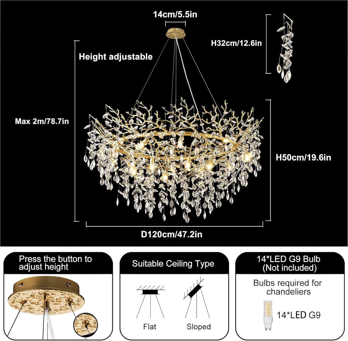 14-Light Modern Large Crystal Chandelier for Dining Room, 48" Round Gold Crystal Tree Branche Chandelier, Living Room Crystal Chandelier, Crystal Chandeliers for High Ceiling,Entryway,Foyer