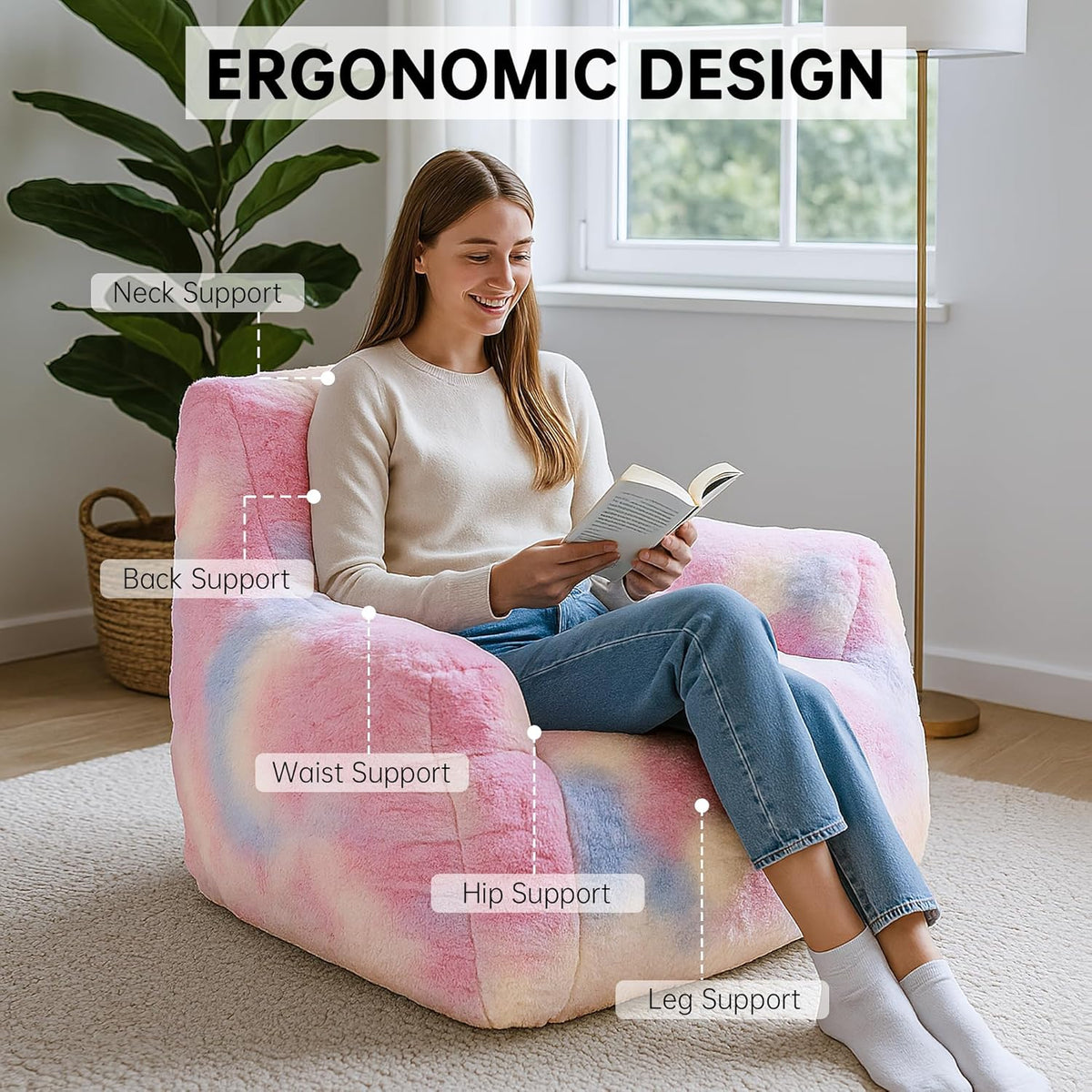Bean Bag Chairs for Adults Ergonomic Support Reading Floor Sofa Chair with Filler Spacious (Colored, Standard)