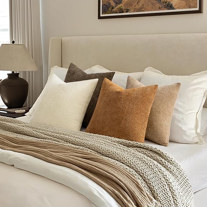 MIULEE Soft Decorative Chenille Fall Pillow Covers Brown 20x20 Pack of 4 | - Image 4