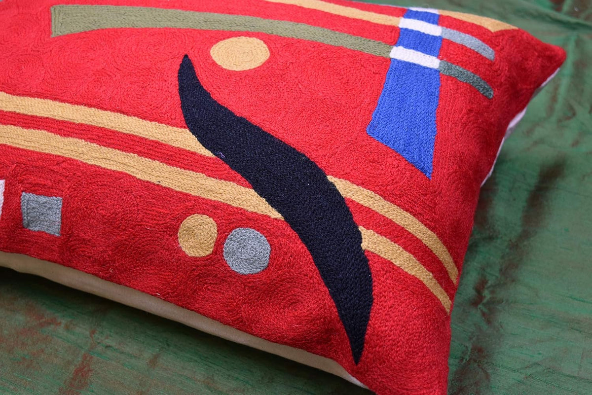 Lumbar Kandinsky Red Abstract Pillow Cover Modern Throw Pillowcase Chair Cushion Contemporary Farmhouse Pillowsham Couch Handembroidered Wool Size 14x20