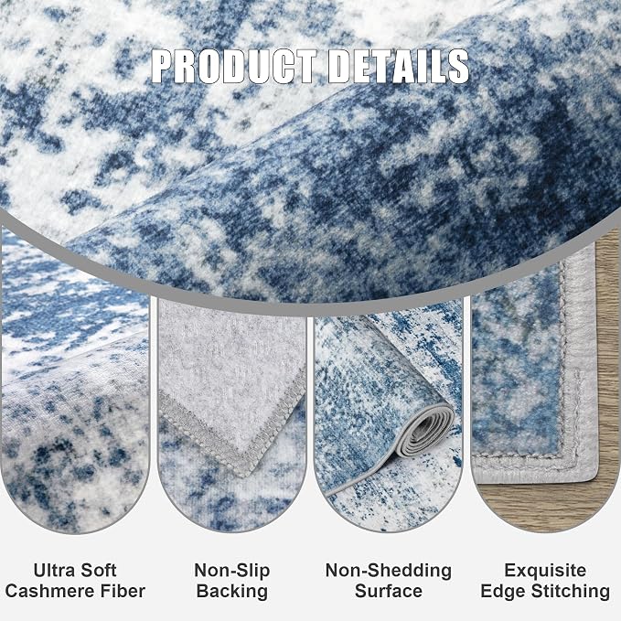 Area Rug Living Room: 8x8 Modern Washable Indoor Soft Carpet Blue | - Image 6
