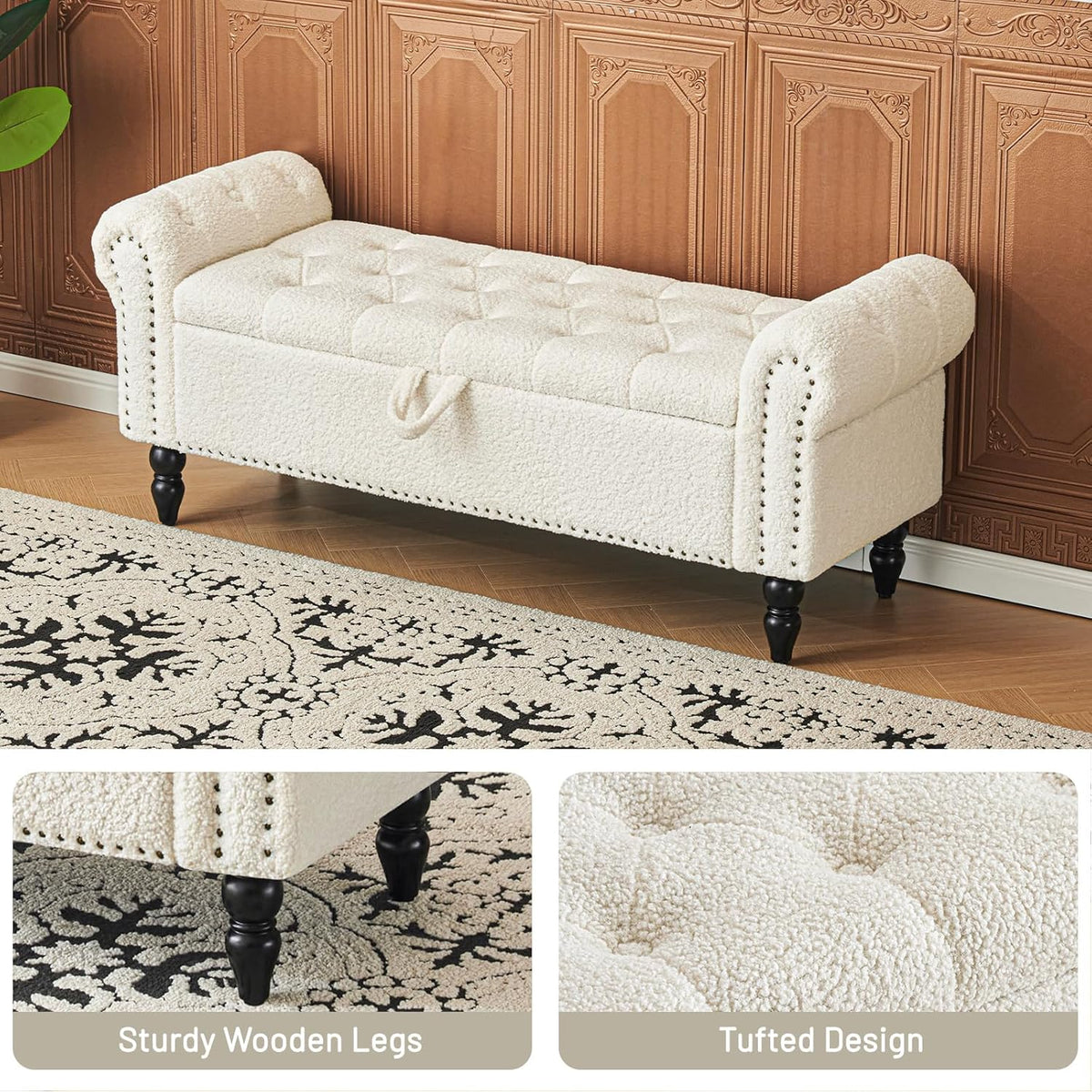 Furniliving Modern Storage Ottoman Bench, Sherpa Ottoman End of Bed Bench with Solid Wood Legs Upholstered Ottoman Benches with Storage Indoor Bench for Living Room with Rolled Arm, Entryway, White