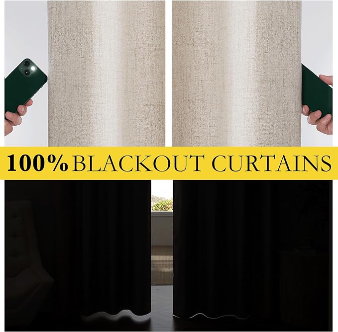 NICETOWN Oatmeal Bedroom Full Blackout Linen Curtain Panels Set of 2, Thick - Image 3
