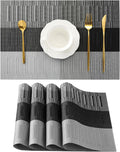 Leetaltree Grey with White Striped Placemats Set of 4 - Heat Resistant Non-Slip Place mats for Dining Table, Washable Durable PVC Vinyl Woven Table Mats（Grey Stripe, 4）