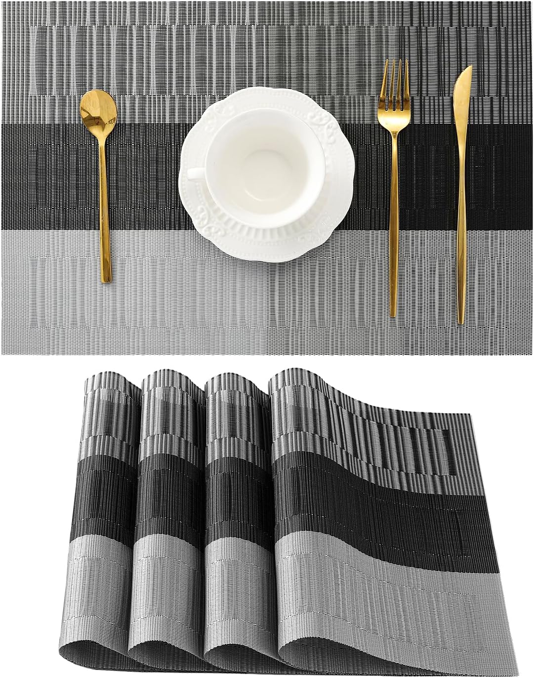 Leetaltree Grey with White Striped Placemats Set of 4 - Heat Resistant Non-Slip Place mats for Dining Table, Washable Durable PVC Vinyl Woven Table Mats（Grey Stripe, 4）